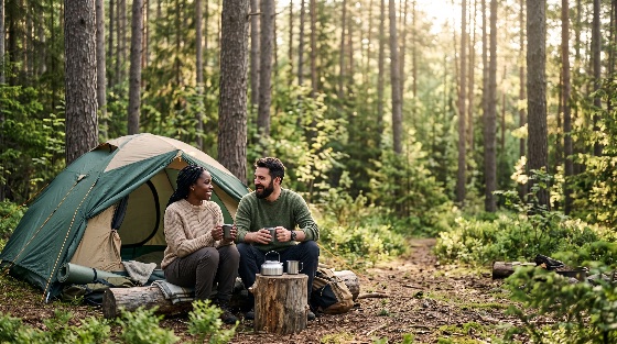 happy, diverse, couple, enjoys, morning, coffee, while, sitting, out, smiling, multi-ethnic, sits, outside, green, tent, sunlit, pine, forest, they, hold, mugs, and, converse, enjoying, peaceful, camping, adventure, gear, like, backpacks, kettle, are, visible, the, natural, setting, nature, outdoors, travel, vacation, hiking, man, woman, tea, sunlight, trees, woods, leisure, lifestyle, relationship, happiness, summer, autumn, getaway, recreation, backpack, equipment, wilderness, scenic, environment, peace, relaxation, activity, together, friendship, tourism, eco-tourism, woodland, camp, campsite, outdoor, life, journey, exploration