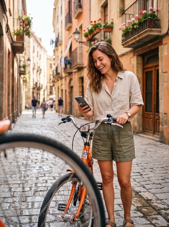 happy, young, woman, using, smartphone, unlock, rental, bike, cobblestone, city, street, bicycle, travel, tourist, smiling, urban, lifestyle, bike-sharing, technology, mobile, app, summer, vacation, european, old, town, sustainable, transportation, leisure, outdoors, female, casual, tourism, holiday, architecture, balcony, flowers, navigation, digital, communication, connection, freedom, exploring, adventure, solo, active, places