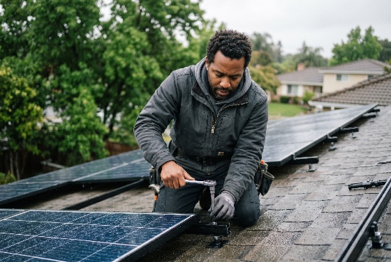 professional, technician, installing, solar, panels, residential, roof, installation, renewable, energy, green, rooftop, worker, sustainability, power, photovoltaic, home, improvement, contractor, clean, alternative, maintenance, construction, environment, eco-friendly, efficiency, socket, wrench, tools, working, outdoor, black, man, african, american, male, adult, industry, electricity, technology, house, shingles, mounting, hardware, industrial