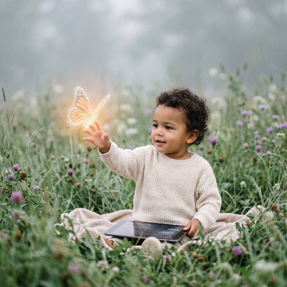 young, child, sitting, meadow, reaching, for, magical, glowing, butterfly, while, using, tablet, toddler, augmented, reality, nature, imagination, wonder, technology, curiosity, field, flowers, outdoors, whimsical, digital, future, learning, childhood, discovery, light, ethereal, dream, fantasy, curly, hair, interaction, innovation, modern, lifestyle, peaceful, serene, soft, focus, bokeh, mixed, race, boy, education