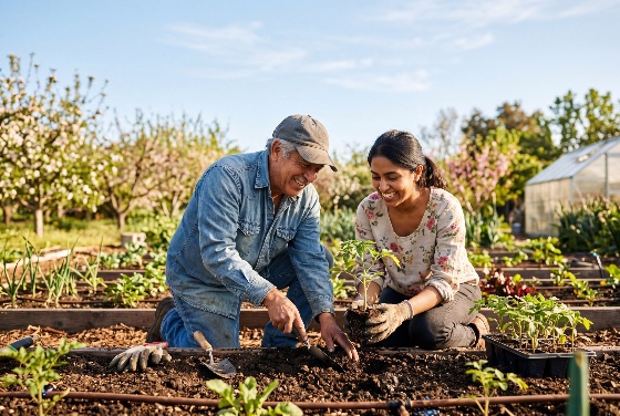 happy, multi-generational, family, planting, seedling, sunny, vegetable, garden, gardening, senior, woman, man, raised, bed, outdoor, hobby, sustainability, organic, nature, spring, growth, teamwork, happiness, lifestyle, agriculture, farm, community, hispanic, latino, soil, trowel, greenhouse, environment, father, daughter, grandfather, granddaughter, summer, healthy, working, togetherness, rural, backyard, people