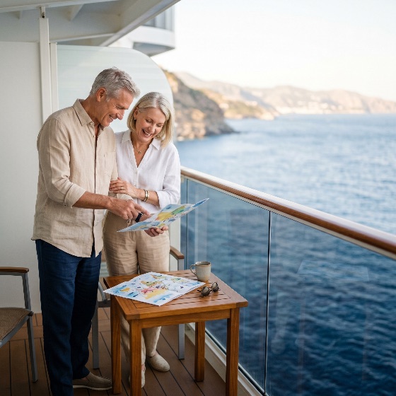 happy, senior, couple, planning, their, excursion, while, standing, luxury, cruise, ship, balcony, with, scenic, ocean, view, vacation, travel, map, retirement, lifestyle, sea, tourism, holiday, elderly, man, woman, together, romantic, adventure, deck, coastline, summer, sunny, leisure, relaxation, voyage, traveling, mature, active, seniors, transportation, getaway, destination, joy, smiling, laughing, outdoor, daylight, mediterranean, european, nautical, marine, people