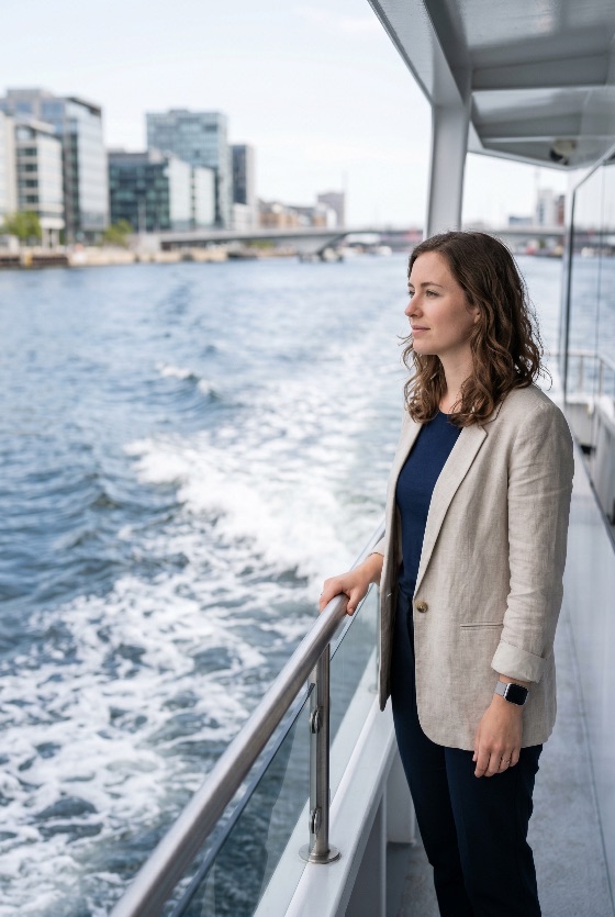 young, professional, woman, blazer, standing, boat, deck, looking, the, city, skyline, from, water, business, travel, river, commute, ferry, urban, lifestyle, contemplative, caucasian, tourism, transportation, harbor, office, buildings, modern, casual, smart, outdoor, day, morning, commuting, success, career, vision, future, thinking, peaceful, serene, corporate, executive, passenger, railing, cruise, sightseeing, architecture, europe, finance
