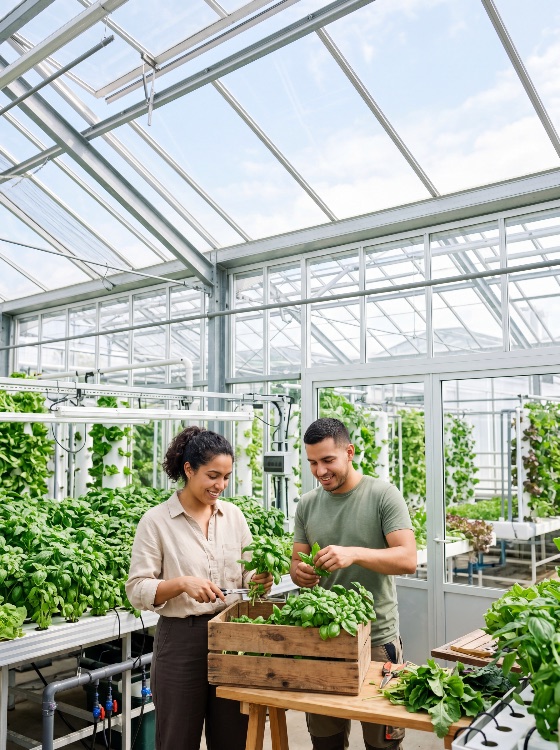 two, young, farmers, harvesting, fresh, organic, basil, modern, hydroponic, greenhouse, farming, agriculture, herbs, hydroponics, vertical, sustainable, workers, teamwork, glasshouse, produce, crate, wooden, gardening, professional, technology, indoor, plants, green, nature, healthy, food, production, diverse, couple, man, woman, smiling, collaboration, agribusiness, eco-friendly, cultivation, plantation, harvest, leaves, aromatic, culinary, people, lifestyle
