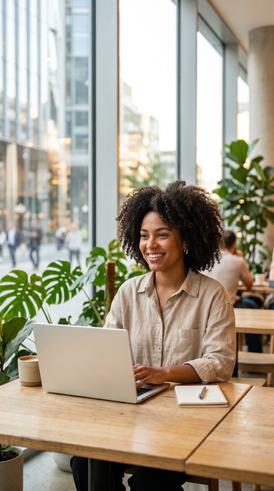 smiling, young, african, american, woman, with, curly, hair, working, laptop, bright, modern, cafe, black, freelancer, remote, work, coworking, business, professional, coffee, shop, digital, nomad, technology, internet, interior, urban, city, view, plants, monstera, wooden, table, productivity, happy, beautiful, casual, notebook, pen, lifestyle, diversity, entrepreneur, student, education, online, communication, success, people