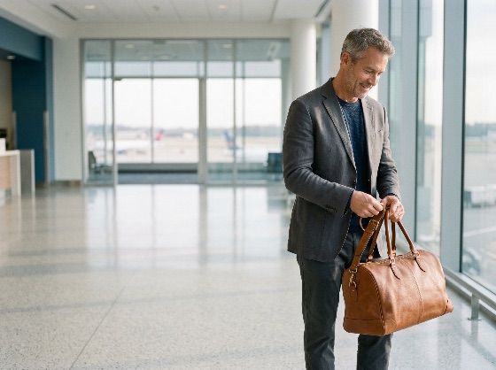 smiling, middle-aged, businessman, grey, blazer, holding, brown, leather, duffel, bag, while, waiting, modern, airport, terminal, travel, mature, man, luggage, business, trip, professional, departure, arrival, lifestyle, success, corporate, fashion, style, hair, caucasian, male, transportation, vacation, commute, luxury, bright, window, runway, tourism, passenger, executive, carry-on, casual, happy, people