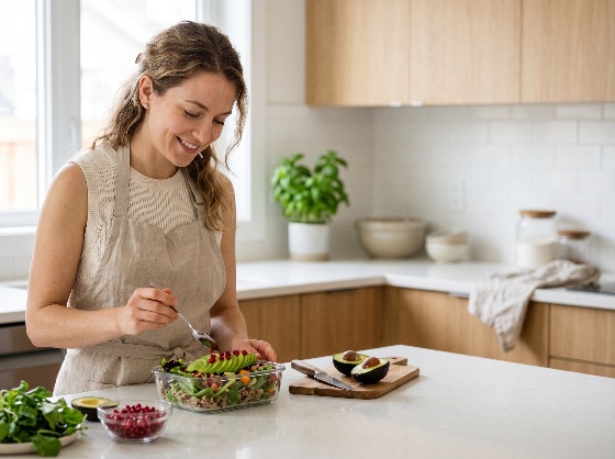 smiling, woman, apron, preparing, healthy, salad, with, avocado, and, pomegranate, seeds, modern, kitchen, meal, prep, cooking, wellness, nutrition, fresh, lifestyle, organic, preparation, food, vegetarian, vegan, diet, glass, container, home, ingredients, vegetables, superfood, health, eating, homemade, lunch, dinner, culinary, grains, quinoa, bright, interior, caucasian, adult, female, person, drink