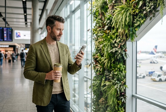 professional, man, green, blazer, uses, his, smartphone, while, holding, coffee, cup, modern, airport, terminal, with, vertical, garden, businessman, travel, wall, passenger, departure, arrival, business, technology, communication, reusable, sustainability, lifestyle, waiting, airplane, tarmac, window, stylish, handsome, caucasian, mid, adult, mobile, phone, cell, internet, connection, digital, nomad, corporate, executive, tourism, vacation, transport, aviation, indoor, bright, daylight, urban, city, life