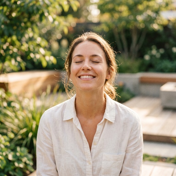 happy, young, woman, smiling, with, eyes, closed, while, relaxing, sunny, garden, peaceful, serene, outdoors, sunlight, relaxation, mindfulness, wellness, nature, portrait, lifestyle, summer, spring, white, shirt, linen, joy, calm, meditation, backyard, golden, hour, beautiful, skin, natural, health, mental, people