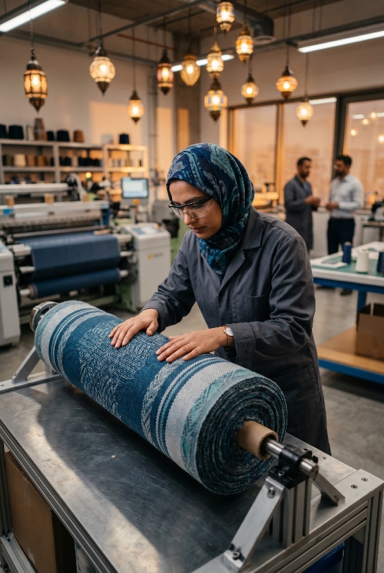 professional, muslim, female, engineer, hijab, inspecting, blue, patterned, fabric, modern, textile, factory, woman, manufacturing, industry, roll, inspection, worker, safety, glasses, industrial, workshop, production, quality, control, diversity, middle, eastern, clothing, machinery, weaving, mill, craftsmanship, labor, design, occupational, technician, employment, construction