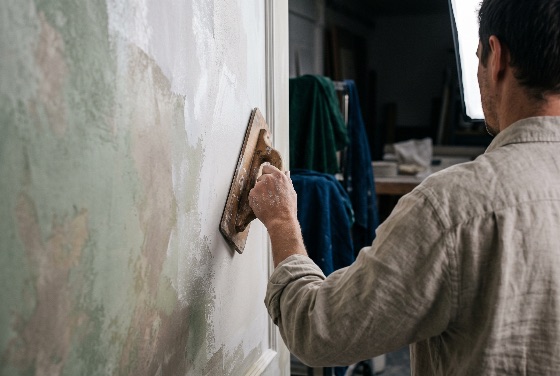 craftsman, applying, venetian, plaster, textured, interior, wall, medium, close-up, male, artisan, seen, from, behind, carefully, and, smoothing, onto, decorative, using, wooden, trowel, float, the, works, bright, studio, environment, focusing, fine, finishing, restoration, decoration, plastering, plasterer, renovation, texture, stucco, design, decorator, decorating, surface, work, worker, manual, labor, hand, craft, handwork, workshop, professional, skilled, man, home, improvement, repair, building, maintenance, tool, construction, diy, putty, remodeling, linen, shirt, trade, adult, background, interiors