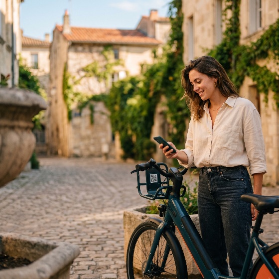 young, woman, using, smartphone, unlock, electric, rental, bike, cobblestone, street, european, town, e-bike, mobile, app, sharing, urban, city, travel, tourism, sustainable, transportation, lifestyle, technology, outdoor, summer, historic, village, alley, commuting, eco-friendly, green, energy, mobility, adult, casual, smiling, leisure, vacation, architecture, ivy, stone, walls, bicycle, cycling, rider, tourist, places