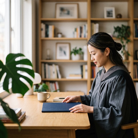 young, east, asian, female, graduate, academic, gown, sitting, desk, home, library, holding, diploma, cover, graduation, student, education, woman, achievement, success, university, college, degree, office, bookshelf, study, learning, career, future, ceremony, celebration, certificate, adult, monstera, plant, interior, lifestyle, proud, reflective, goal, knowledge, school, scholar, cap, and, day, wooden, natural, light, bright, peaceful, accomplishment