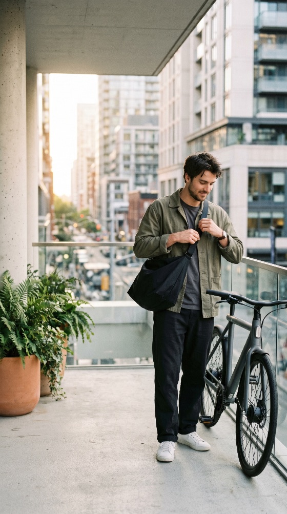 young, man, adjusting, his, messenger, bag, while, standing, next, bicycle, urban, balcony, with, city, view, lifestyle, commute, bike, transportation, terrace, modern, apartment, commuter, cycling, eco-friendly, sustainable, jacket, casual, male, adult, fashion, life, downtown, sunset, golden, hour, mobility, active, person, outdoors, architecture, high-rise, street, travel, healthy, e-bike, electric, people