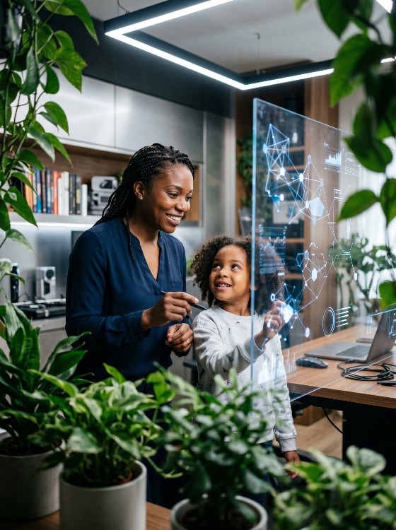 african, american, mother, and, daughter, interacting, with, futuristic, transparent, digital, display, modern, office, technology, education, family, screen, interface, innovation, data, visualization, biophilic, design, home, plants, indoor, learning, stem, science, future, interactive, hud, woman, child, girl, smiling, together, collaboration, smart, artificial, intelligence, connectivity, networking, growth, sustainability, high-tech, lifestyle, professional, workspace, creative, exploration, curiosity, teaching, mentorship, stylus, touchscreen, glass, virtual, reality, augmented, black