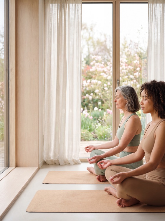 two, diverse, women, different, ages, practicing, mindfulness, and, meditation, bright, modern, living, room, with, view, blooming, garden, focusing, wellness, mental, health, serenity, yoga, intergenerational, senior, young, adult, lifestyle, peaceful, calm, zen, indoor, home, exercise, fitness, relaxation, spirituality, lotus, pose, mudra, nature, sunlight, airy, minimalist, well-being, harmony, concentration, focus, breathing, mat, activewear, sportswear, friendship, daughter, mother, mentor, training, practice, tranquility, morning, light, interior, healthcare, medical