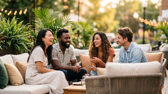 happy, multi-ethnic, friends, laughing, and, socializing, outdoor, restaurant, patio, during, golden, hour, diverse, lifestyle, lounge, friendship, conversation, summer, evening, group, leisure, togetherness, cafe, urban, happiness, relaxation, plants, string, lights, people