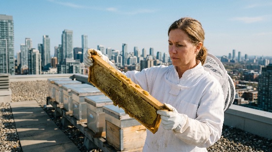 female, beekeeper, protective, suit, inspecting, honeycomb, frame, urban, rooftop, with, city, skyline, beekeeping, beehive, woman, honey, apiary, sustainability, environment, skyscrapers, metropolitan, agriculture, ecology, nature, organic, harvesting, inspection, local, food, professional, outdoors, daylight, sunny, life, conservation, hobby, craft, wooden, architecture, buildings