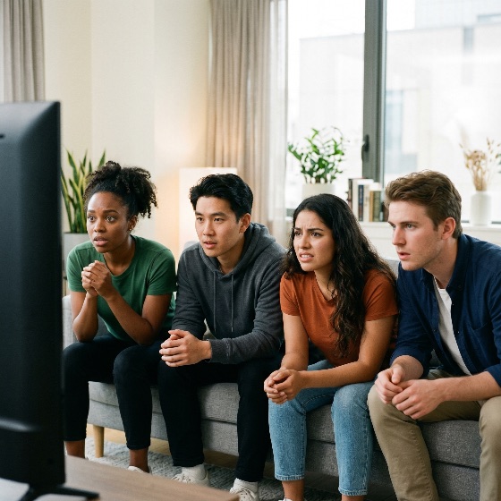diverse, group, young, friends, sitting, sofa, living, room, watching, television, with, anxious, and, focused, expressions, worried, concerned, suspense, couch, home, indoor, adults, multi-ethnic, suspenseful, tension, emotion, lifestyle, together, friendship, news, sports, movie, entertainment, reaction, facial, expression, people, men, women, apartment, modern, bright