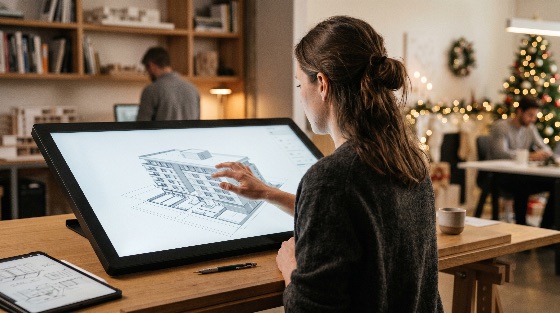 female, architect, working, building, design, large, touchscreen, monitor, festive, office, studio, architecture, model, christmas, holiday, woman, professional, technology, engineering, drafting, digital, construction, creative, workplace, interior, modern, blueprint, cad, software, interactive, screen, display, career, developer, urban, planning, real, estate, project, innovation, season, winter, coworker, background, bokeh, lights