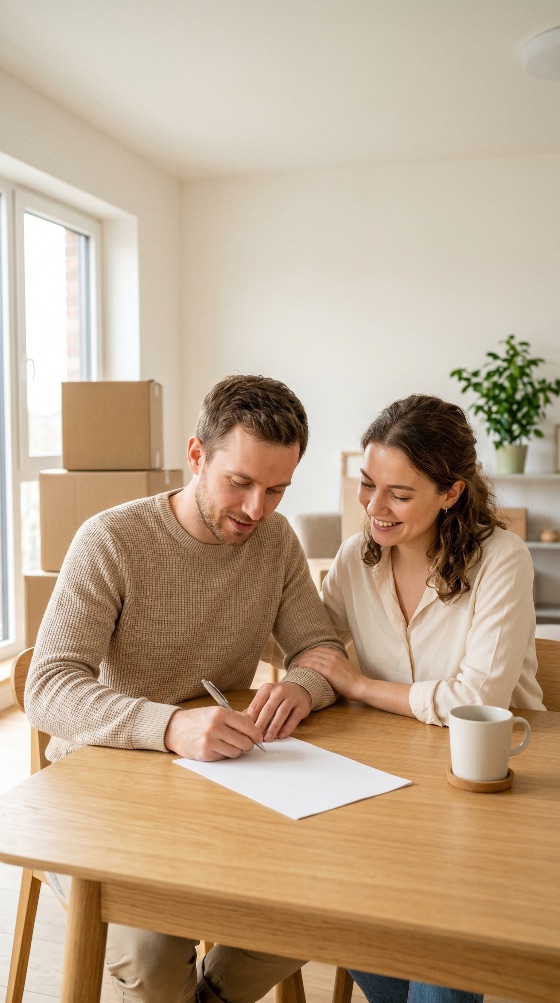 happy, young, couple, signing, contract, lease, agreement, their, new, home, surrounded, moving, boxes, house, apartment, mortgage, document, real, estate, man, woman, paper, pen, relocation, ownership, investment, together, lifestyle, interior, bright, smiling, family, first, legal, property, purchase, rent, residential, life, event, success, future, planning, adults, caucasian, indoor, table, cardboard, plant, insurance, people