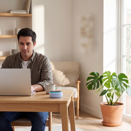 focused, man, works, his, laptop, wooden, desk, bright, modern, home, office, featuring, smart, speaker, with, glowing, blue, light, coffee, mug, and, lush, monstera, plant, the, window, remote, work, technology, working, computer, interior, lifestyle, professional, productivity, internet, digital, freelance, business, male, adult, house, room, natural, table, furniture, minimalist, voice, assistant, artificial, intelligence, electronic, gadget, connection, communication, focus, concentration, casual, comfortable, cozy, living, workspace, telecommuting, online, browsing