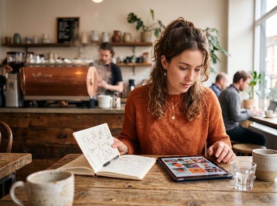 creative, young, woman, using, digital, tablet, and, taking, notes, notebook, while, sitting, wooden, table, modern, coffee, shop, cafe, working, remote, work, nomad, lifestyle, professional, planning, designer, freelancer, student, technology, internet, connectivity, casual, orange, sweater, indoor, urban, productivity, business, entrepreneur, brainstorm, sketching, cozy, barista, background, wood, morning, focus, concentration, education, learning, online, research, inspiration, project, startup, finance