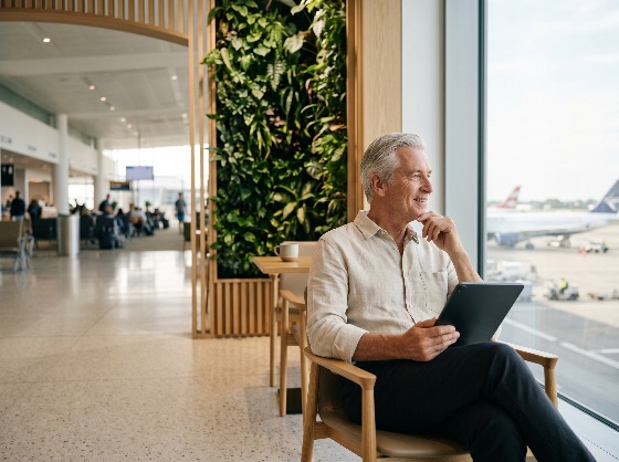 happy, mature, businessman, relaxing, modern, airport, lounge, with, tablet, senior, man, travel, business, airplane, window, terminal, smiling, waiting, runway, departure, vacation, professional, digital, technology, lifestyle, grey, hair, interior, vertical, garden, green, wall, passenger, flight, tourism, leisure, relaxation, success, executive, transport, aviation, sitting, looking, away, thoughtful, caucasian, people