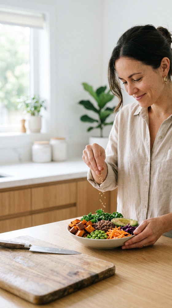 smiling, woman, preparing, healthy, buddha, bowl, with, fresh, vegetables, and, quinoa, bright, modern, kitchen, food, salad, cooking, nutrition, wellness, lifestyle, meal, prep, vegan, vegetarian, organic, homemade, eating, sweet, potato, kale, edamame, seeds, sprinkling, home, interior, minimalist, plant-based, diet, lunch, preparation, person, adult, female, caucasian, attractive, casual, drink