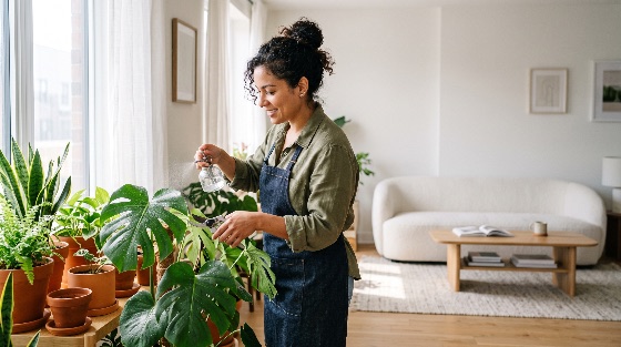 smiling, young, woman, denim, apron, caring, for, her, indoor, plant, mists, monstera, sunlit, modern, living, room, she, holds, spray, bottle, and, pruning, shears, while, tending, various, potted, houseplants, near, large, window, the, interior, features, minimalist, decor, with, white, sofa, wooden, furniture, plants, houseplant, gardening, misting, spraying, home, lifestyle, hobby, apartment, happy, water, urban, jungle, greenery, nature, bright, sunny, terracotta, pots, botanical, foliage, leaves, growth, wellness, relaxation, domestic, leisure, latin, hispanic, curly, hair, adult, people, one, person, snake, fern, care, sustainability