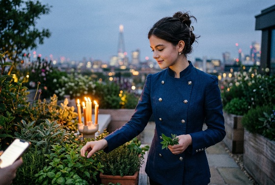 young, female, chef, harvesting, fresh, herbs, london, rooftop, garden, twilight, with, city, skyline, background, the, shard, urban, farming, woman, gardening, organic, culinary, evening, lights, sustainability, mint, basil, lifestyle, navy, blue, uniform, outdoor, plants, greenery, united, kingdom, england, atmosphere, candles, farm, table, cooking, gastronomy, bokeh, nightlife, architecture, buildings