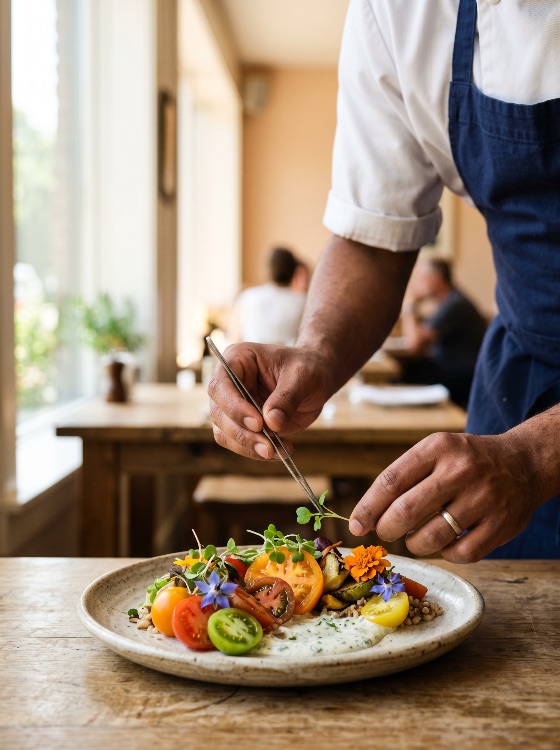 professional, chef, plating, fresh, gourmet, salad, with, heirloom, tomatoes, and, microgreens, restaurant, culinary, healthy, edible, flowers, fine, dining, cooking, garnish, organic, vegetarian, food, styling, hospitality, appetizer, meal, preparation, hands, tweezers, detail, lunch, dinner, gastronomy, nutrition, drink
