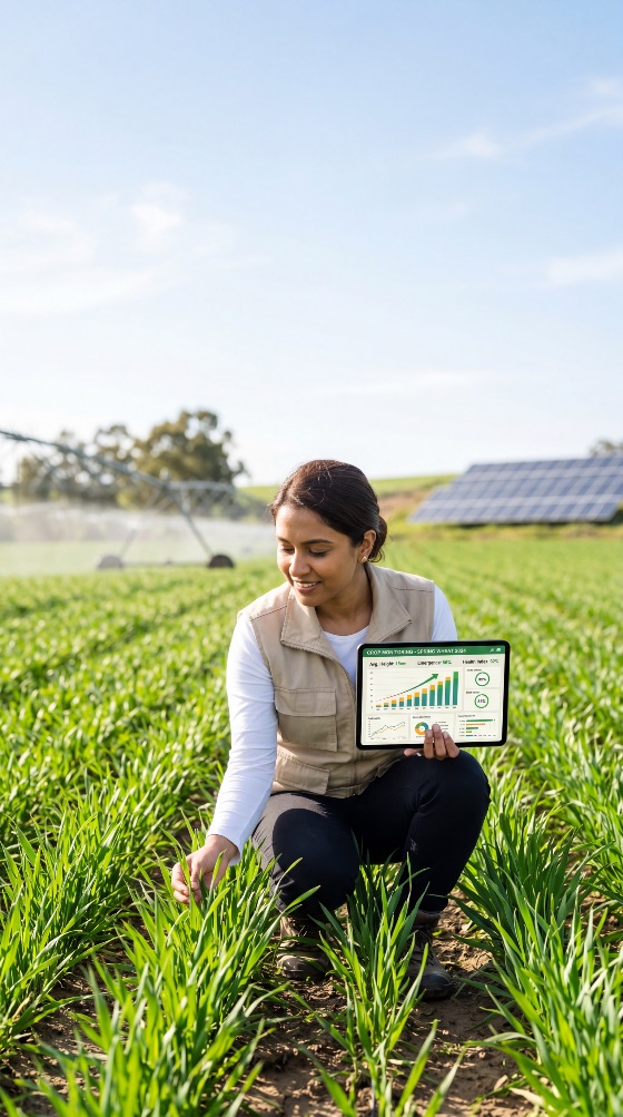 female, agronomist, using, tablet, for, crop, monitoring, green, field, with, solar, panels, agriculture, technology, smart, farming, farmer, data, renewable, energy, irrigation, sustainability, precision, digital, woman, rural, plant, growth, analysis, dashboard, agritech, environment, nature, outdoor, professional, industry, innovation, future, wheat, farm, health, graph, modern, eco-friendly