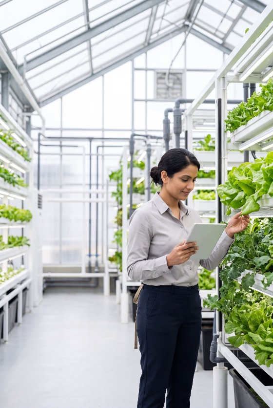 female, agricultural, researcher, using, digital, tablet, monitor, plant, growth, modern, vertical, hydroponic, farm, greenhouse, farming, hydroponics, agriculture, technology, woman, scientist, smart, agritech, indoor, sustainable, innovation, lettuce, vegetables, monitoring, data, south, asian, professional, glasshouse, urban, food, security, eco-friendly, science, botany, horticulture, organic, future, inspection, quality, control, agronomist, environment, cultivation, precision
