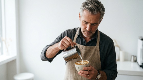 professional, mature, barista, pouring, steamed, milk, into, cup, create, latte, art, bright, cafe, coffee, cappuccino, man, apron, kitchen, beverage, drink, craft, artisanal, skill, focus, concentration, middle-aged, grey, hair, lifestyle, morning, breakfast, espresso, pitcher, ceramic, minimalist, hobby, small, business, owner, expert, preparation, making, caffeine, hot, indoor, food