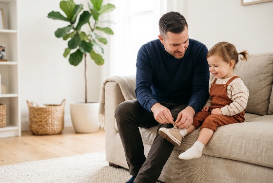 loving, father, helping, his, young, daughter, put, her, sneakers, while, sitting, couch, bright, modern, living, room, family, shoes, parenting, toddler, home, lifestyle, childhood, bonding, sofa, care, fatherhood, girl, man, indoor, domestic, morning, routine, minimalist, overalls, together, relationship, happiness, love, support, casual, caucasian, people, two, real, life