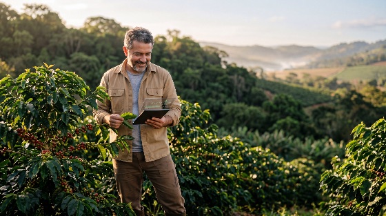 modern, farmer, using, smart, technology, and, digital, tablet, inspect, coffee, crop, health, mountain, plantation, during, golden, hour, agriculture, farming, agronomist, harvest, nature, sustainable, rural, landscape, plant, beans, green, red, growth, monitoring, data, innovation, future, agrotech, outdoor, man, professional, industry, production, environment, ecology, sunrise, sunset, tropical, organic, quality, inspection, leaf, field, agribusiness, landscapes