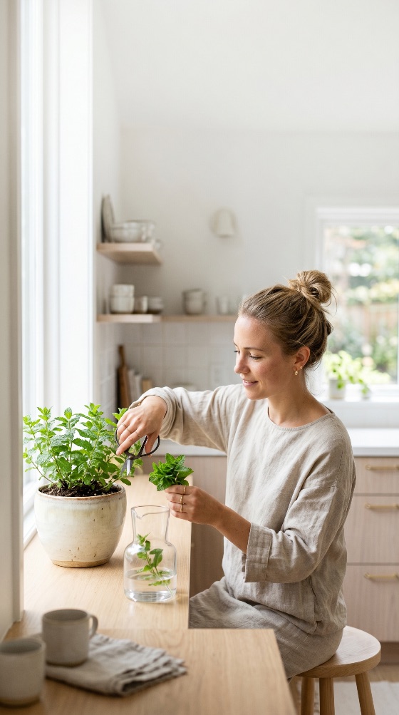 young, woman, trimming, fresh, mint, leaves, from, potted, plant, bright, modern, kitchen, herb, harvesting, organic, gardening, home, lifestyle, healthy, indoor, scissors, sustainable, minimalist, natural, light, domestic, wellness, culinary, green, aromatic, garden, linen, neutral, peaceful, hobby, urban, food, preparation, morning, airy, interior, life, caucasian, adult, female, person, grown, people