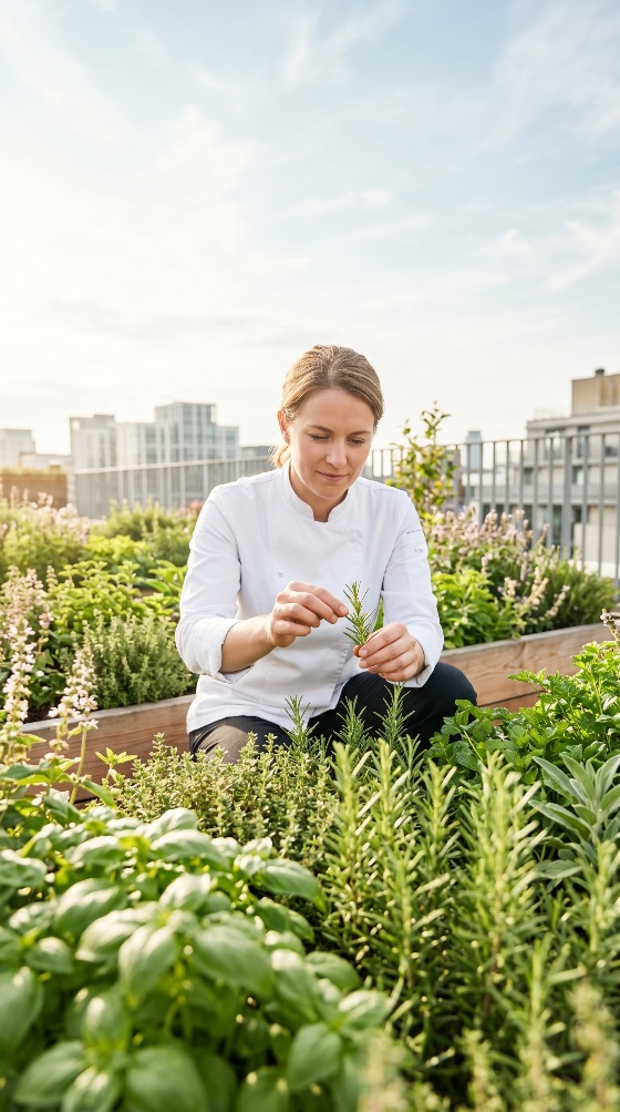 professional, female, chef, harvesting, fresh, organic, rosemary, sustainable, urban, rooftop, garden, with, city, skyline, background, farming, herbs, woman, cooking, ingredients, farm, table, agriculture, gardener, culinary, white, coat, uniform, outdoor, nature, greenery, basil, mint, lifestyle, healthy, environment, eco-friendly, food, industry, restaurant, gardening, plants, metropolis, living, local, produce, arts, herbal, aromatic, daylight, drink