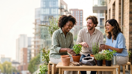 happy, multi-ethnic, friends, enjoying, urban, gardening, together, sunny, balcony, diverse, planting, herbs, lifestyle, apartment, city, sustainability, happiness, social, community, green, plants, pots, soil, hobby, leisure, togetherness, eco-friendly, home, outdoor, summer, spring, basil, rosemary, terracotta, laughing, smiling, group, young, adults, nature, environment, people