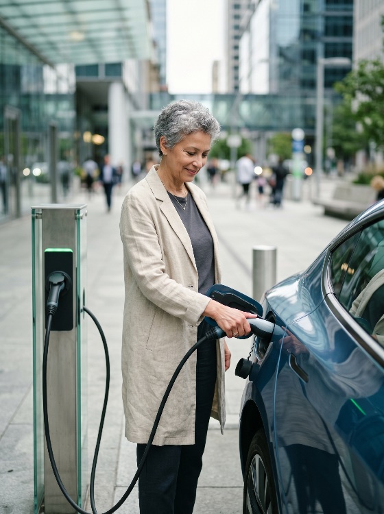 mature, woman, charging, her, blue, electric, car, public, station, modern, city, street, vehicle, sustainability, urban, green, energy, transportation, eco-friendly, technology, environment, lifestyle, renewable, clean, automobile, plugging, power, battery, mobility, sidewalk, professional, grey, hair, smiling, outdoor, zero, emissions, future, infrastructure, sustainable, living, transport, vehicles
