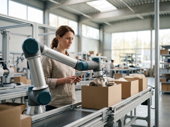 female, engineer, using, digital, tablet, monitor, collaborative, robotic, arm, packing, boxes, conveyor, belt, modern, warehouse, robot, automation, industry, technology, manufacturing, logistics, woman, cobot, factory, smart, innovation, future, work, professional, industrial, distribution, e-commerce, fulfillment, artificial, intelligence, machine, mechanical, production, efficiency, control, monitoring, textile, clothing, shipping, high-tech, workspace, construction
