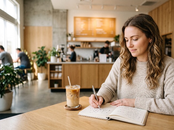 young, woman, writing, notebook, while, sitting, bright, modern, cafe, with, iced, latte, coffee, shop, journaling, lifestyle, studying, working, productivity, adult, female, student, freelancer, remote, work, indoor, cozy, pen, diary, planning, beverage, drink, leisure, relaxation, creative, focus, concentration, casual, sweater, blonde, wavy, hair, wooden, table, urban, city, life, morning, afternoon, people