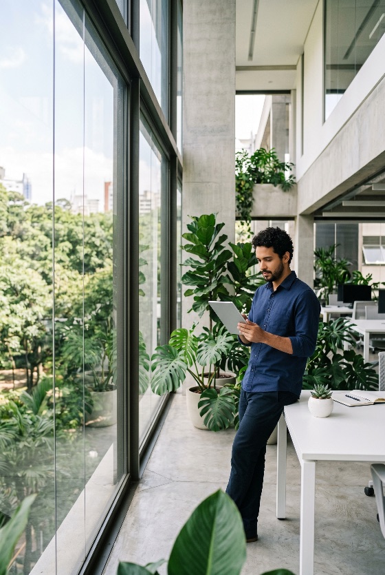 young, professional, man, using, digital, tablet, modern, eco-friendly, office, with, large, windows, and, green, plants, businessman, technology, biophilic, nature, work, interior, window, view, sustainable, male, corporate, workspace, entrepreneur, productivity, communication, lifestyle, city, park, monstera, fiddle, leaf, fig, bright, light, architecture, design, business, career, success, casual, blue, shirt, standing, leaning, indoor, urban, environment, creative, tech, wireless, internet, connection, online, finance