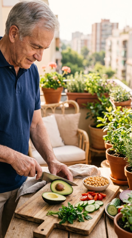 senior, man, preparing, healthy, meal, with, fresh, avocado, sunny, balcony, garden, urban, gardening, lifestyle, retirement, elderly, vegetables, salad, food, outdoor, plant-based, vegan, vegetarian, cutting, board, knife, hobby, wellness, nutrition, home, terrace, city, plants, greenery, male, adult, active, organic, summer, daylight, people