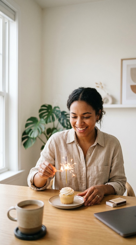 smiling, young, woman, lighting, sparkler, cupcake, celebrate, birthday, special, occasion, home, celebration, happy, lifestyle, match, dessert, anniversary, black, african, american, adult, minimalist, interior, bright, cozy, joy, milestone, wish, party, solo, person, female, wooden, table, coffee, laptop, monstera, plant, morning, positive, hope, achievement, people