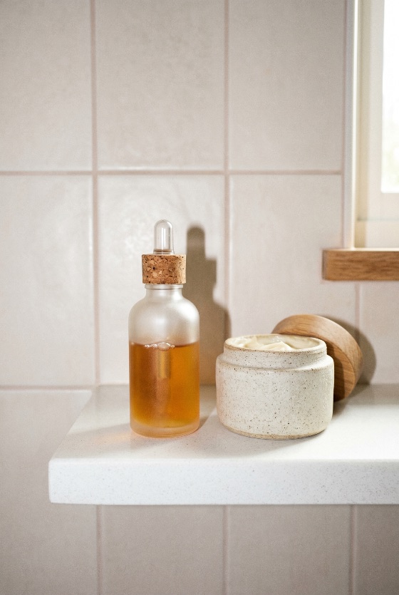 natural, skincare, products, including, amber, serum, dropper, bottle, and, ceramic, face, cream, jar, bathroom, shelf, beauty, moisturizer, organic, minimalist, aesthetic, wellness, self-care, glass, eco-friendly, sustainable, packaging, cosmetics, spa, luxury, health, skin, treatment, facial, oil, white, beige, tile, countertop, still, life, morning, routine, hygiene, product, photography, clean, pure, soft, lighting, shadow, wooden, lid, cork, objects