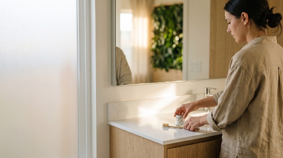 woman, preparing, for, her, morning, oral, care, routine, with, eco-friendly, toothpaste, tablets, and, bamboo, toothbrush, bright, minimalist, bathroom, hygiene, sustainable, zero, waste, lifestyle, wellness, health, plastic-free, natural, home, interior, vanity, self-care, daily, life, brunette, adult, modern, glass, jar, environment, dental, beauty, clean, sunlight, healthcare, medical