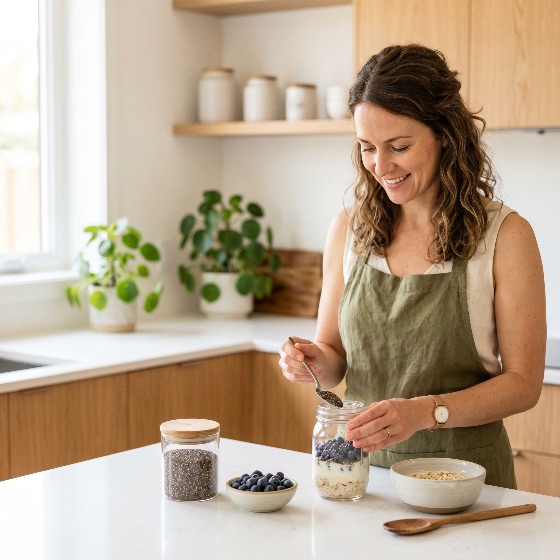 smiling, woman, green, apron, preparing, healthy, breakfast, jar, with, oats, blueberries, and, chia, seeds, bright, modern, kitchen, lifestyle, nutrition, wellness, cooking, meal, prep, yogurt, mason, morning, eating, home, happy, organic, food, superfood, vegetarian, diet, indoor, plants, domestic, adult, female, caucasian, airy, clean, recipe, ingredients, fresh, snack, fitness, healthcare, homemade, portrait, person, photography, routine, eco-friendly, sustainable, drink