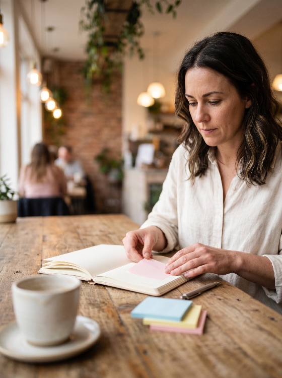 focused, woman, organizing, her, notebook, with, colorful, sticky, notes, while, sitting, cozy, cafe, planning, organization, coffee, shop, productivity, journaling, remote, work, lifestyle, writing, study, business, casual, wooden, table, freelance, entrepreneur, adult, female, note-taking, task, management, goals, strategy, brainstorming, workspace, indoor, daylight, modern, beverage, pen, paper, stationery, adhesive, note, thinking, concentration, mid-adult, caucasian, one, person, creative, professional, finance